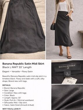 Banana Republic Satin Midi Skirt Black L NWT 33” Length Elegant Slip Skirt